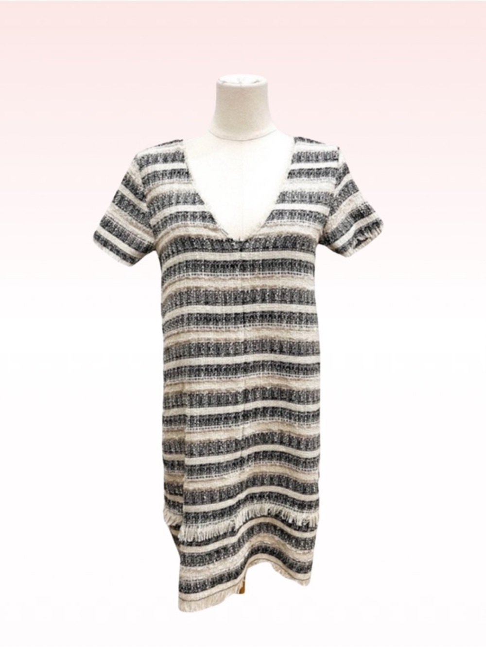 ZARA Black & White Striped Tweed Fringe Shift Dress (Sz M)